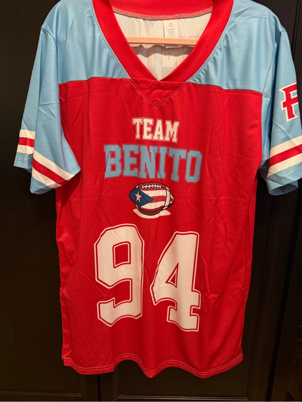 Team Benito Red & Light Blue Football Jersey Shirt with Puerto Rico Flag